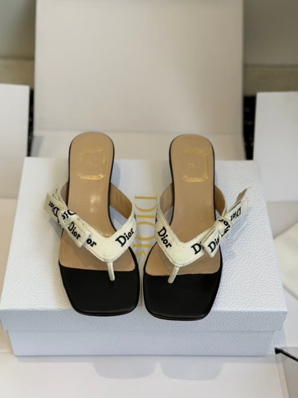 Dior Embroidered Logo Ribbon Bow Square Toe Thong Kitten Heel Slides